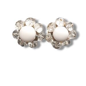 Vintage Japan Milk Glass And Clear Bead Screwback Earrings